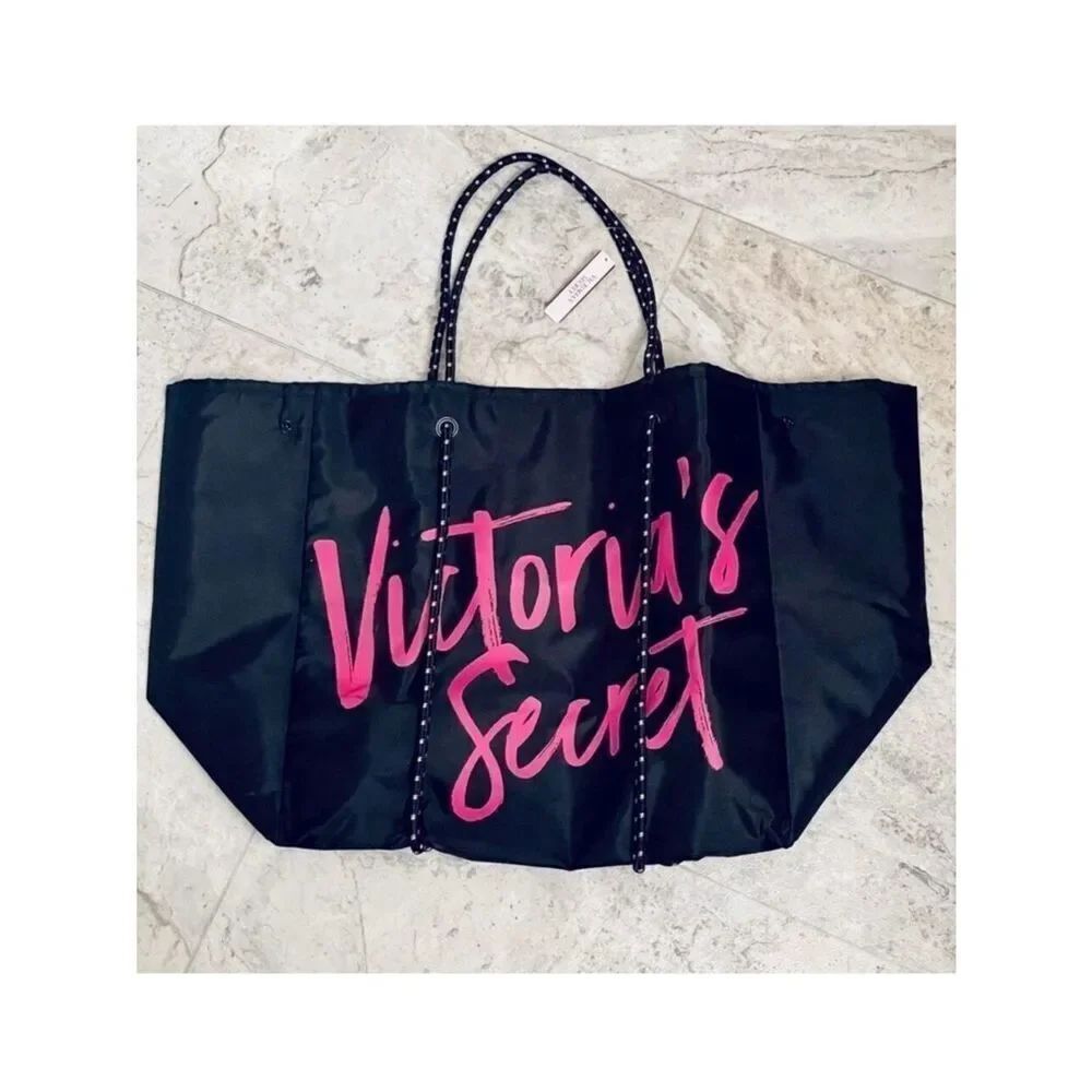 NWT Victoria’s Secret Angel Tote Black Pink Convertible Rope Weekender Tote Bag